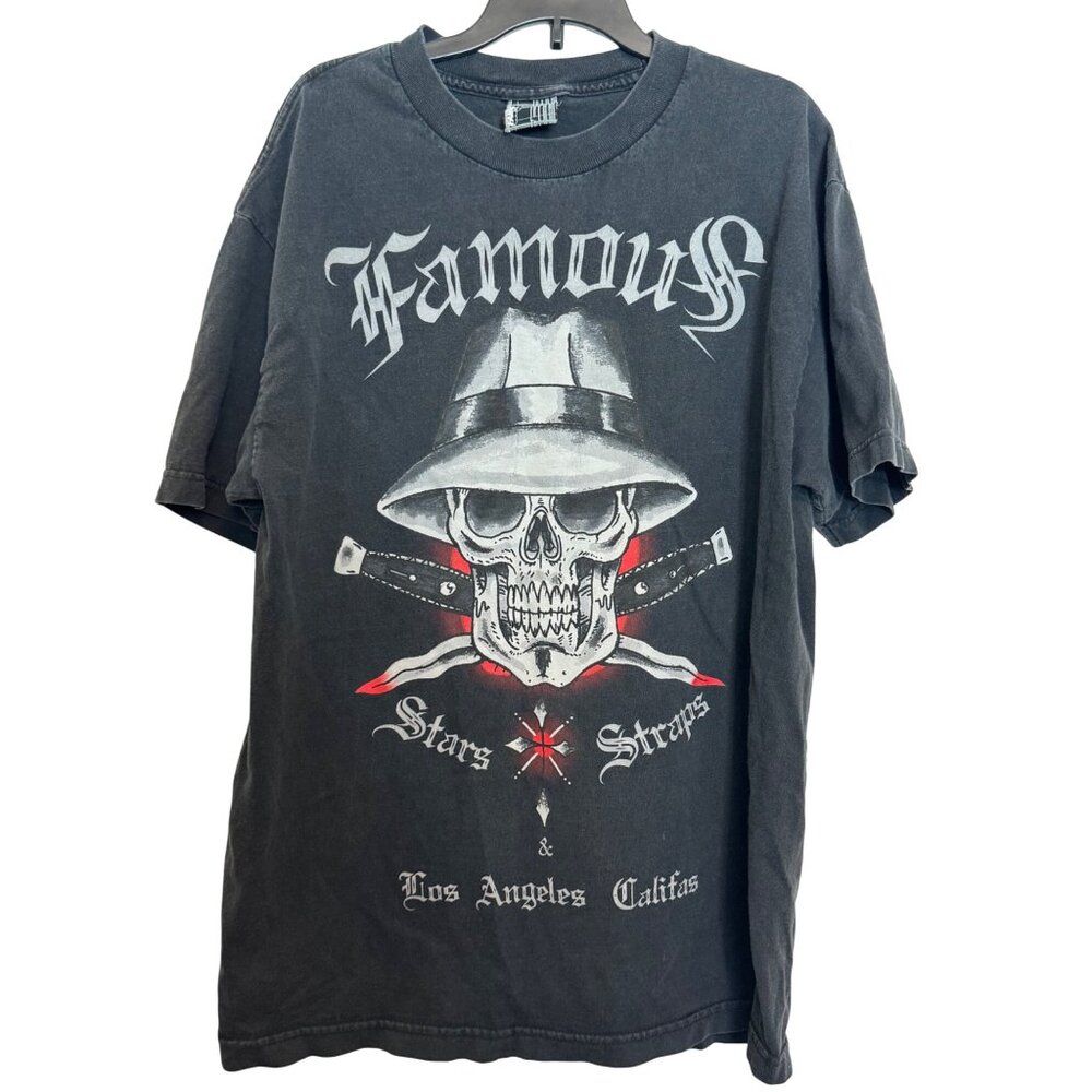 Vintage Famous Stars & Straps Mens Graphic T-Shirt Size L Black Skull Design